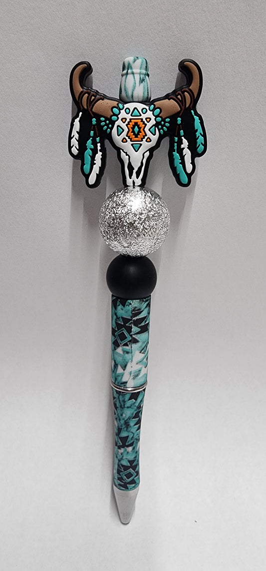 Feathered Cow Skull Beaded Pen