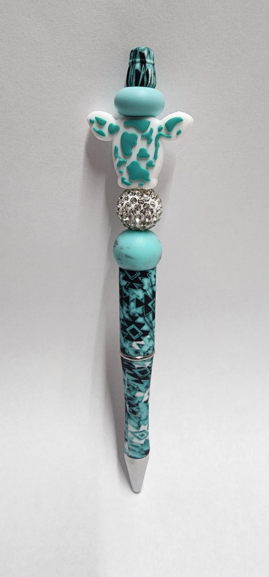 Turquoise Cowprint Head Beaded Pen