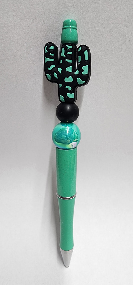 Turquoise Cowprint Cactus Beaded Pen