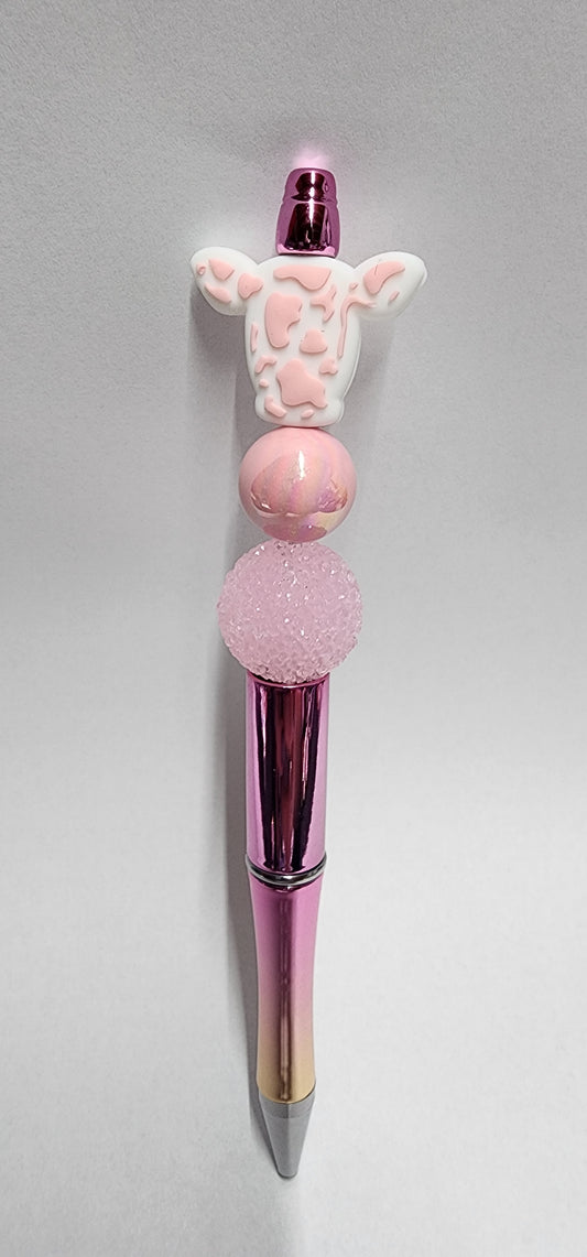 Pink Cowprint Head Beaded Pen