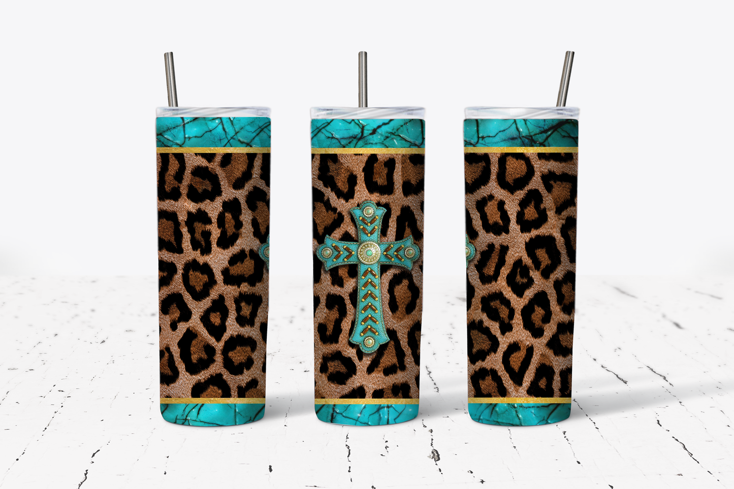 Turquoise/Leopard Cross Tumbler